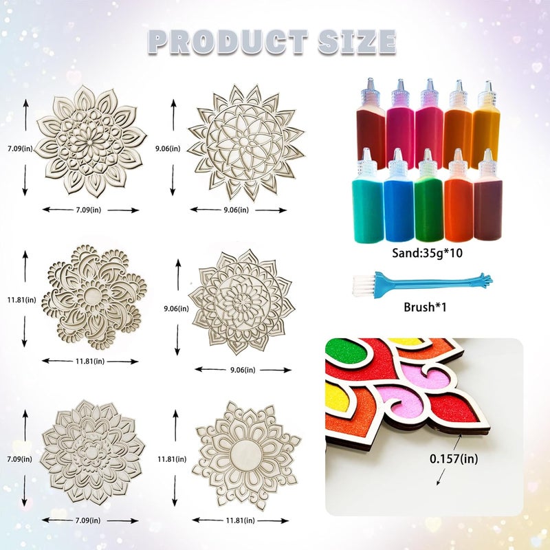 MLOLM Wooden Rangoli Sand Art Kit - 6-Piece Reusable DIY Mandala Puzzle Mats with Rangoli Color& Brush for Diwali, Home Festival and Party Decoration (3 Sizes) - Image 2